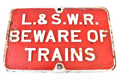 Lot 7 - RAILWAYANA; L&SWR cast iron sign 'Beware Of...