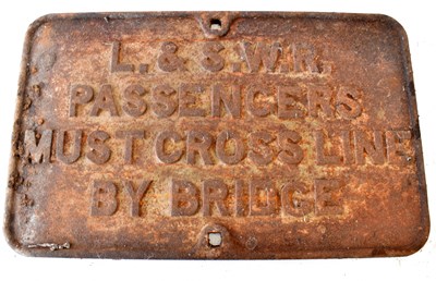 Lot 15 - RAILWAYANA; L&SWR cast iron sign 'Passengers...