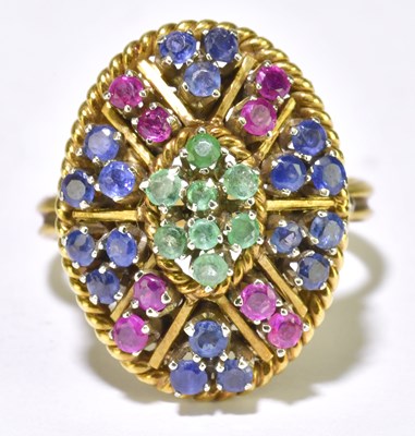 Lot 56 - An 18ct yellow gold emerald, ruby, and...