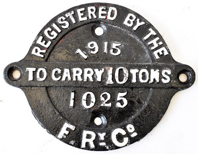 Lot 50 - RAILWAYANA; wagon plate, Registered by the...