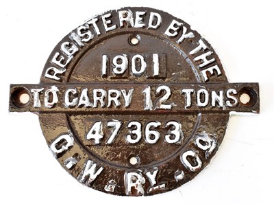 Lot 51 - RAILWAYANA; wagon plate, Registered by the...