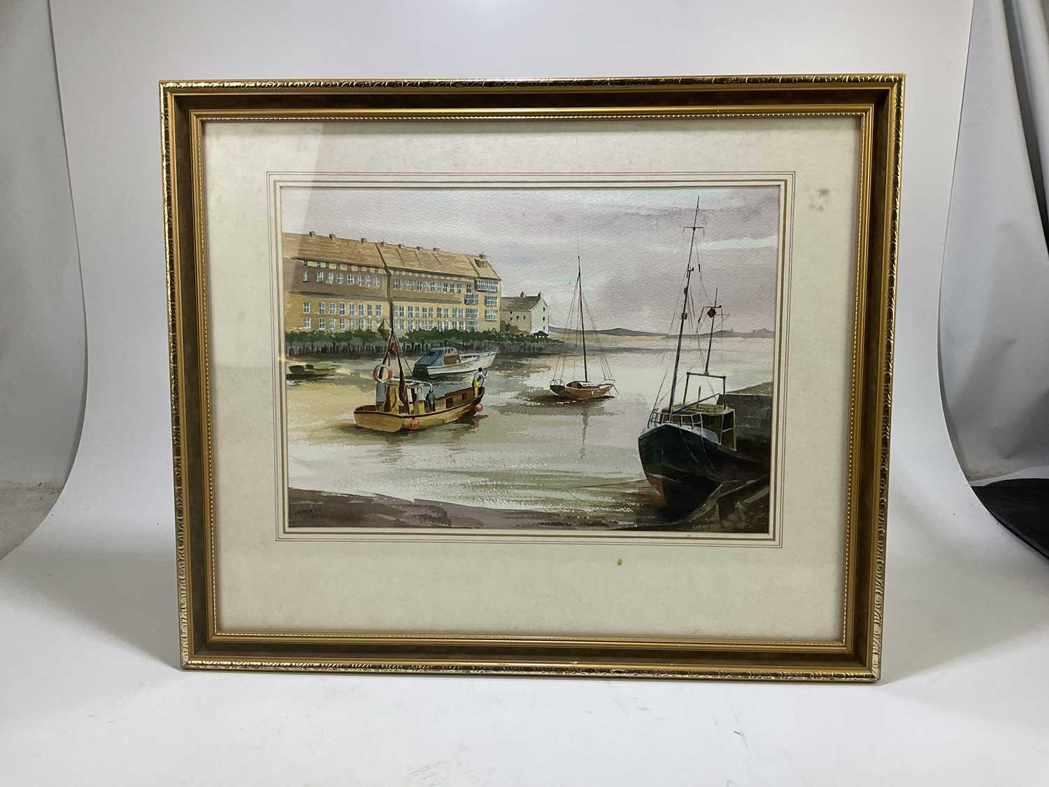 Lot 1605 - JIM DIMMOCK; watercolour, moored boats, signed...