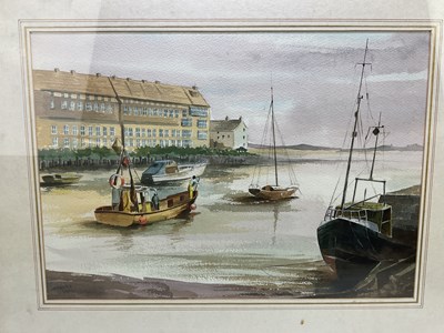 Lot 1605 - JIM DIMMOCK; watercolour, moored boats, signed...