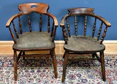 Lot 2424 - Two oak bow back smoker's chairs, one with...