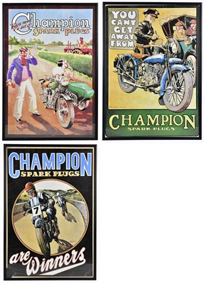 Lot 2120 - CHAMPION SPARK PLUGS; three reproduction...