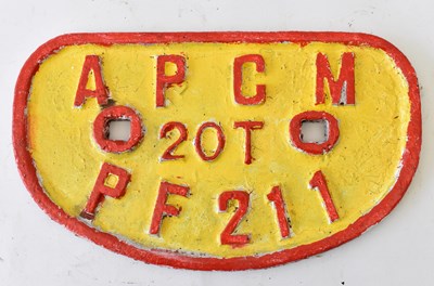 Lot 31 - RAILWAYANA; wagon plate, APCM 20T PF211, red...