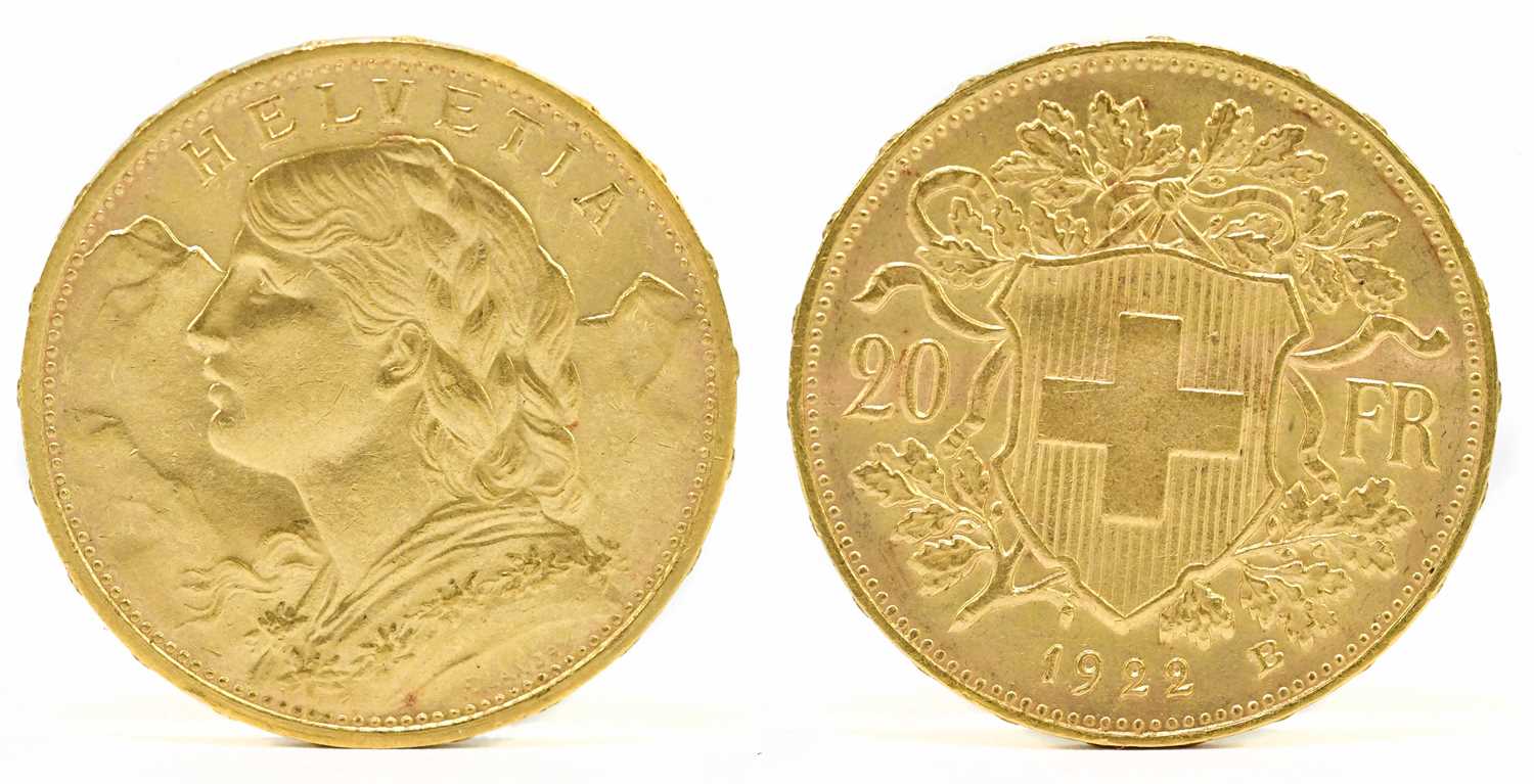 Lot 1439 - A Swiss Helvetia 20 Franc Gold Coin, 1922,