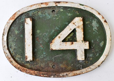 Lot 14 - RAILWAYANA; cast iron oval sign '14', 20.5 x...