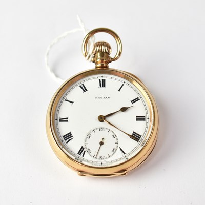 Lot 943 - TROJAN; a 9ct gold open face pocket watch, the...