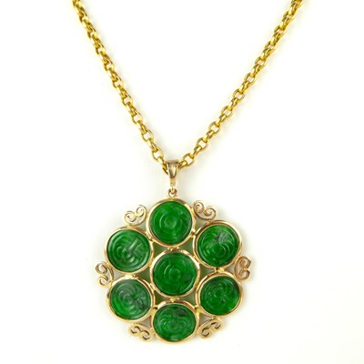 Lot 888 - A gold Chinese pendant of seven spinach jade...