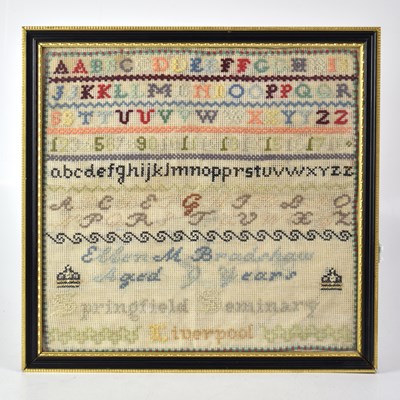 Lot 204 - A Victorian alphabet sampler by Ellen M....