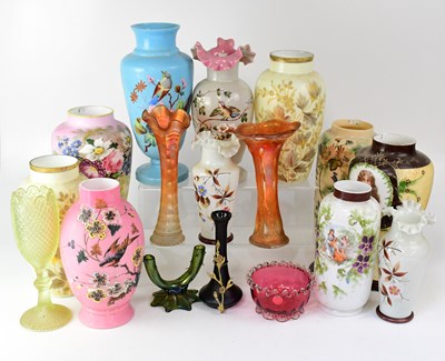 Lot 311 - A quantity of painted glass vases including...