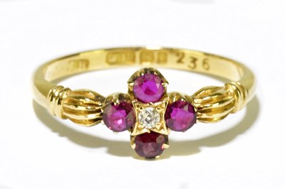 Lot 139 - An 18ct yellow gold ruby and diamond ring,...