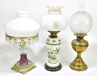 Lot 2353 - A Victorian painted opaque oil lamp with...