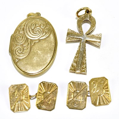 Lot 252 - A 9ct yellow gold pendant, approx. 9g, a pair...