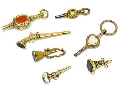 Lot 354 - Seven 19th century pocket watch keys, one in...