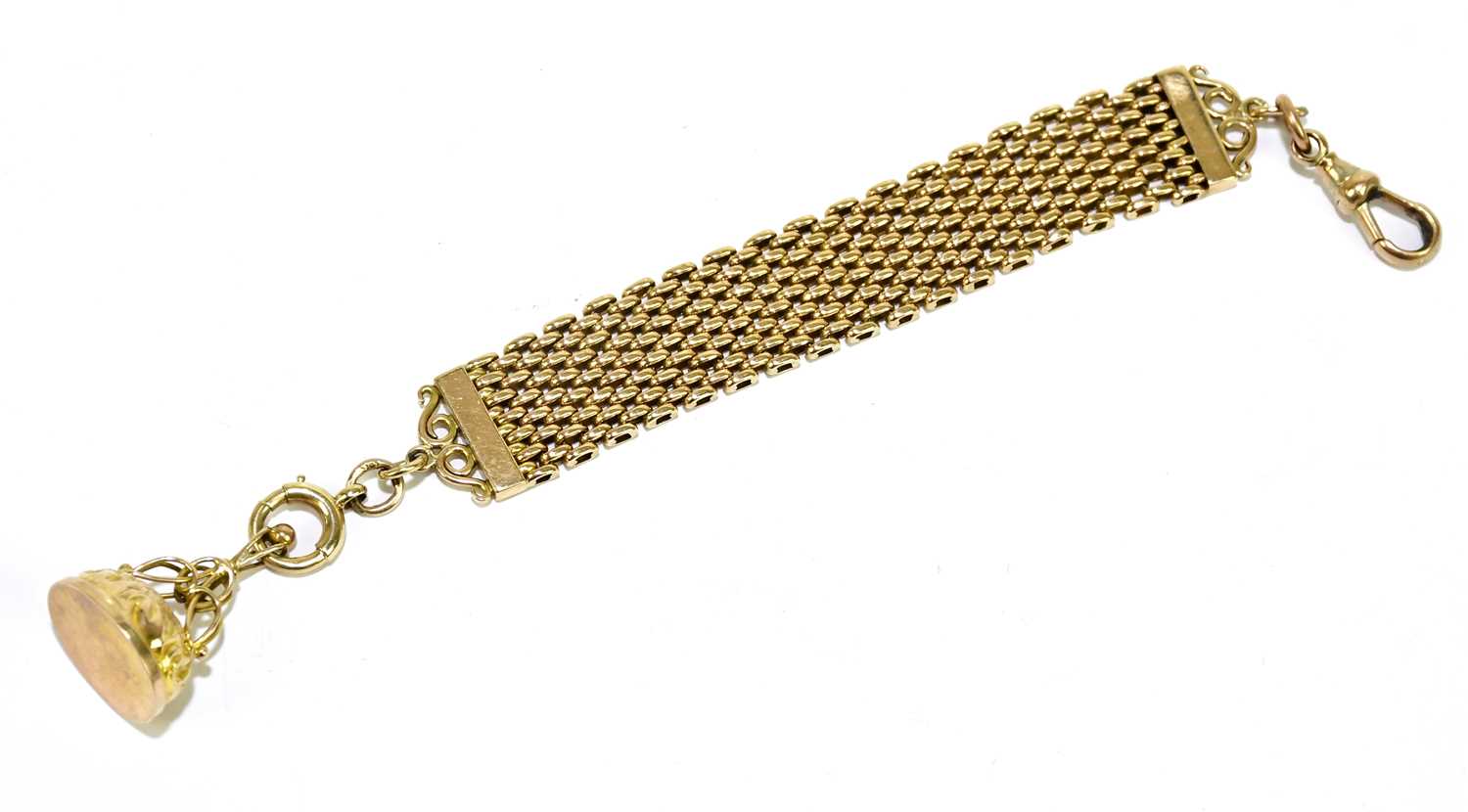 Lot 351 - A yellow metal mesh short fob chain with solid...