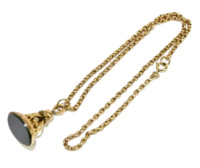 Lot 363 - A 9ct yellow gold chain suspending a fob seal...