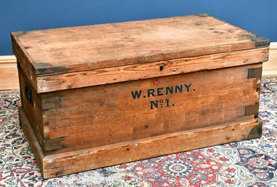 Lot 2527 - A large metal bound old pine trunk, on iron...