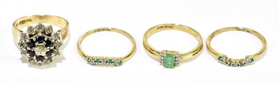 Lot 67 - Four 9ct yellow gold dress rings, three set...