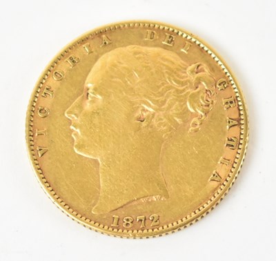 Lot 825 - A Victorian 1872 shield back sovereign, young...