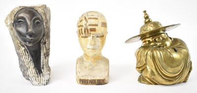 Lot 563 - A brass Buddha, a phrenology head and a carved...