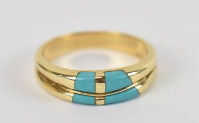 Lot 729 - A 14ct yellow gold turquoise set ring, size N,...