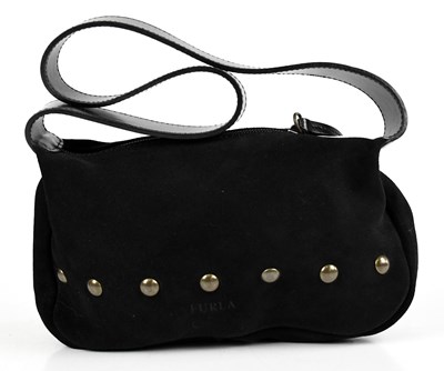 Lot 713 - FURLA; a black suede shoulder bag trimmed with...