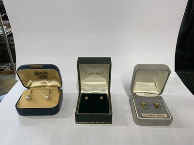 Lot 760 - Two pairs of 9ct gold earrings and a pair of...