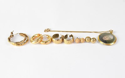 Lot 1094 - Five pairs of 9ct gold earrings, including...