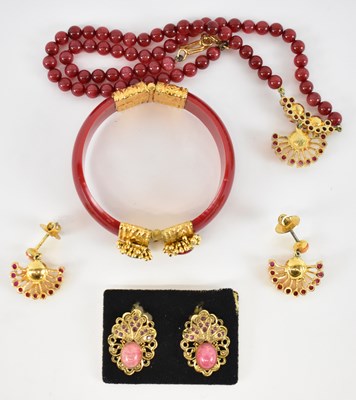 Lot 762 - A pair of Indian yellow metal ruby and pearl...