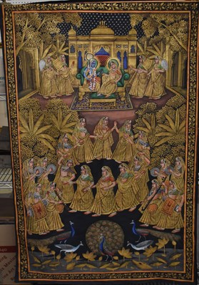 Lot 146A - An Indian black silk panel with hand painted...