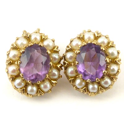 Lot 1093 - A pair of 9ct gold amethyst and seed pearl...