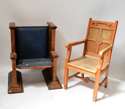 Lot 25 - An ecclesiastical beech armchair with 'IHS'...