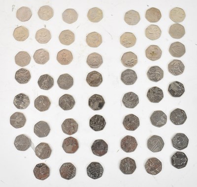 Lot 828 - A collection of approximately sixty 50p pieces...