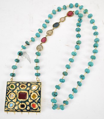 Lot 735 - An Eastern turquoise and hardstone necklace...