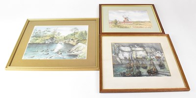 Lot 663 - Three small watercolours depicting a lake with...