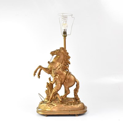 Lot 143 - A spelter Marly Horse lamp, overpainted in...