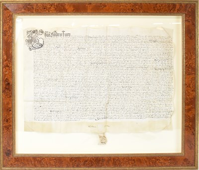 Lot 287 - A framed and glazed indenture dated 1671,...