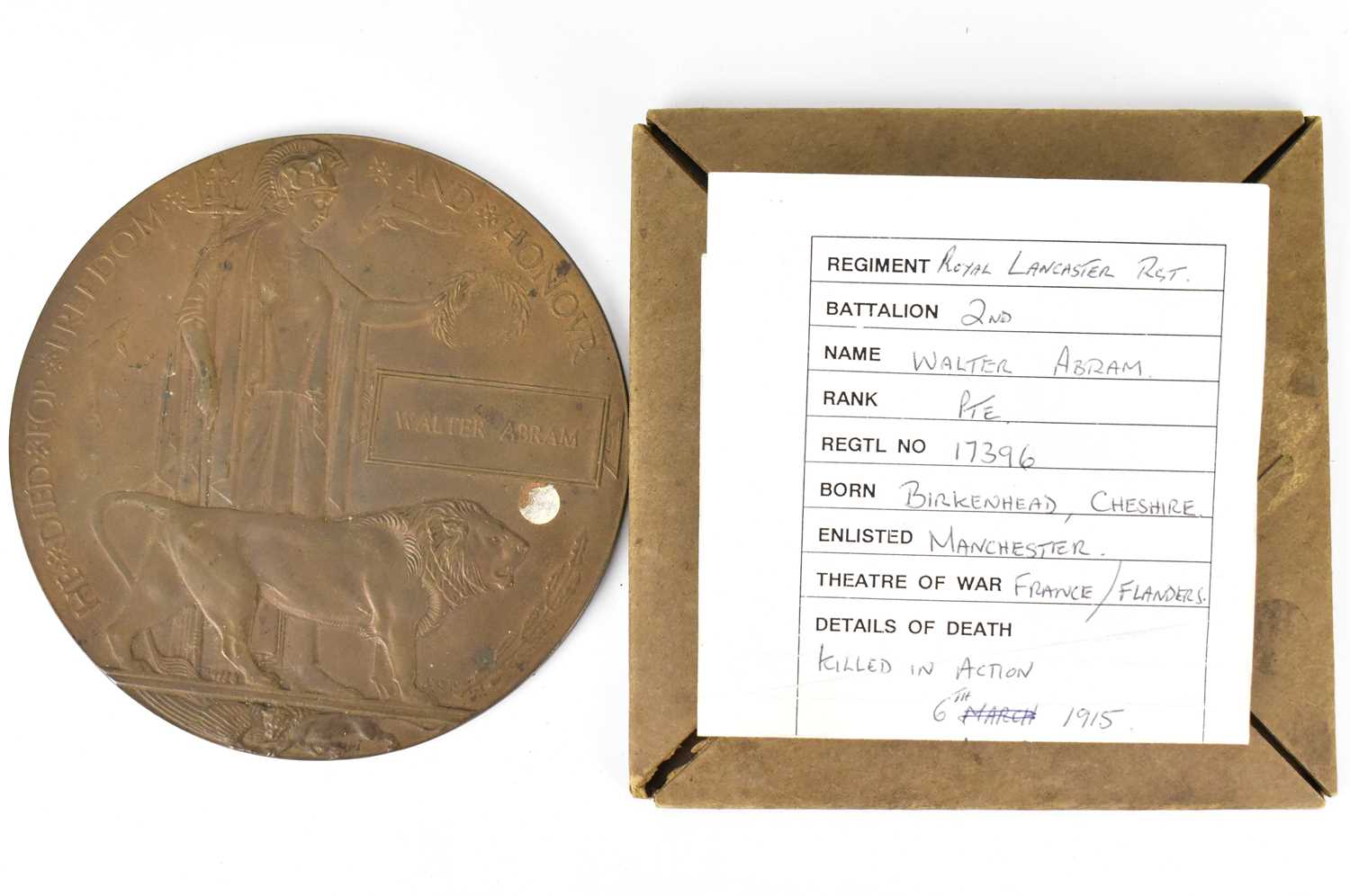 Lot 518 - A WWI bronze memorial plaque awarded to Walter...