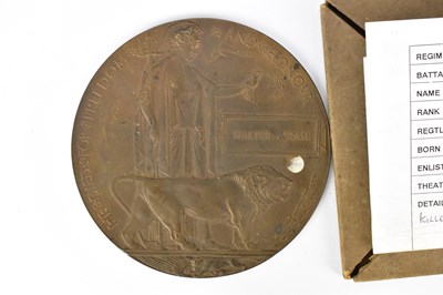 Lot 518 - A WWI bronze memorial plaque awarded to Walter...