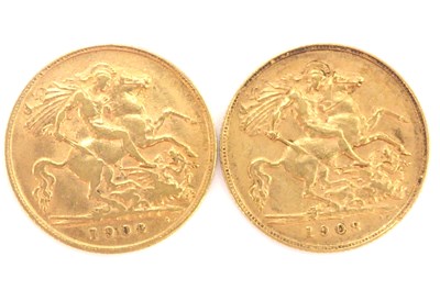 Lot 881 - Two Edward VII half sovereigns 1908, George...