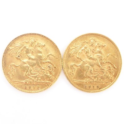 Lot 884 - Two George V half sovereigns, 1913 and 1915,...