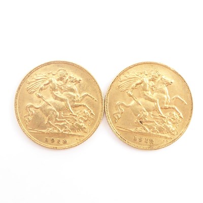 Lot 883 - Two George V half sovereigns, 1912 and 1913,...