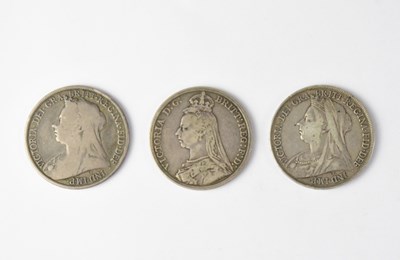 Lot 933 - Three Victorian silver crowns, comprising 1888,...