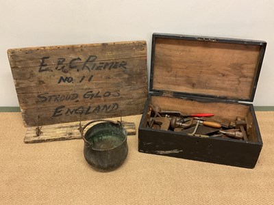 Lot 119 - A tool box with various tools, copper pot, and...