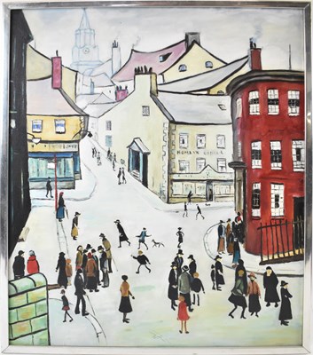 Lot 147 - STYLE OF LS LOWRY; oil on canvas street scene,...