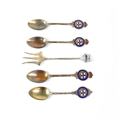 Lot 245 - Four silver commemorative spoons and a fork...