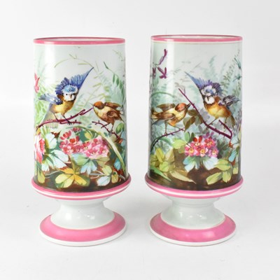 Lot 465 - A pair of Victorian painted opaque glass vases...