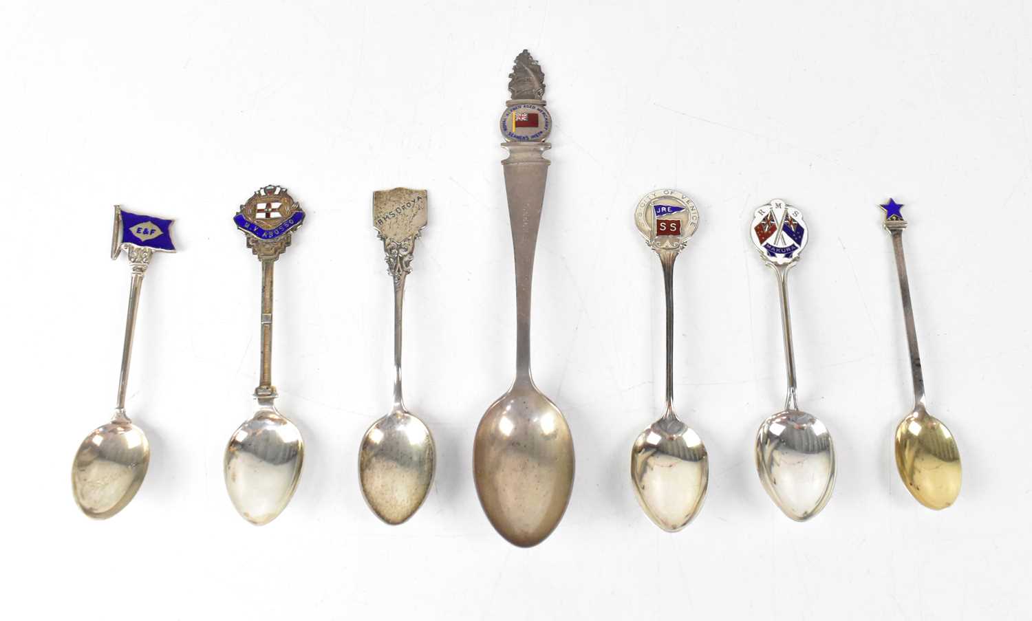 Lot 260 - Six silver commemorative spoons for shipping...